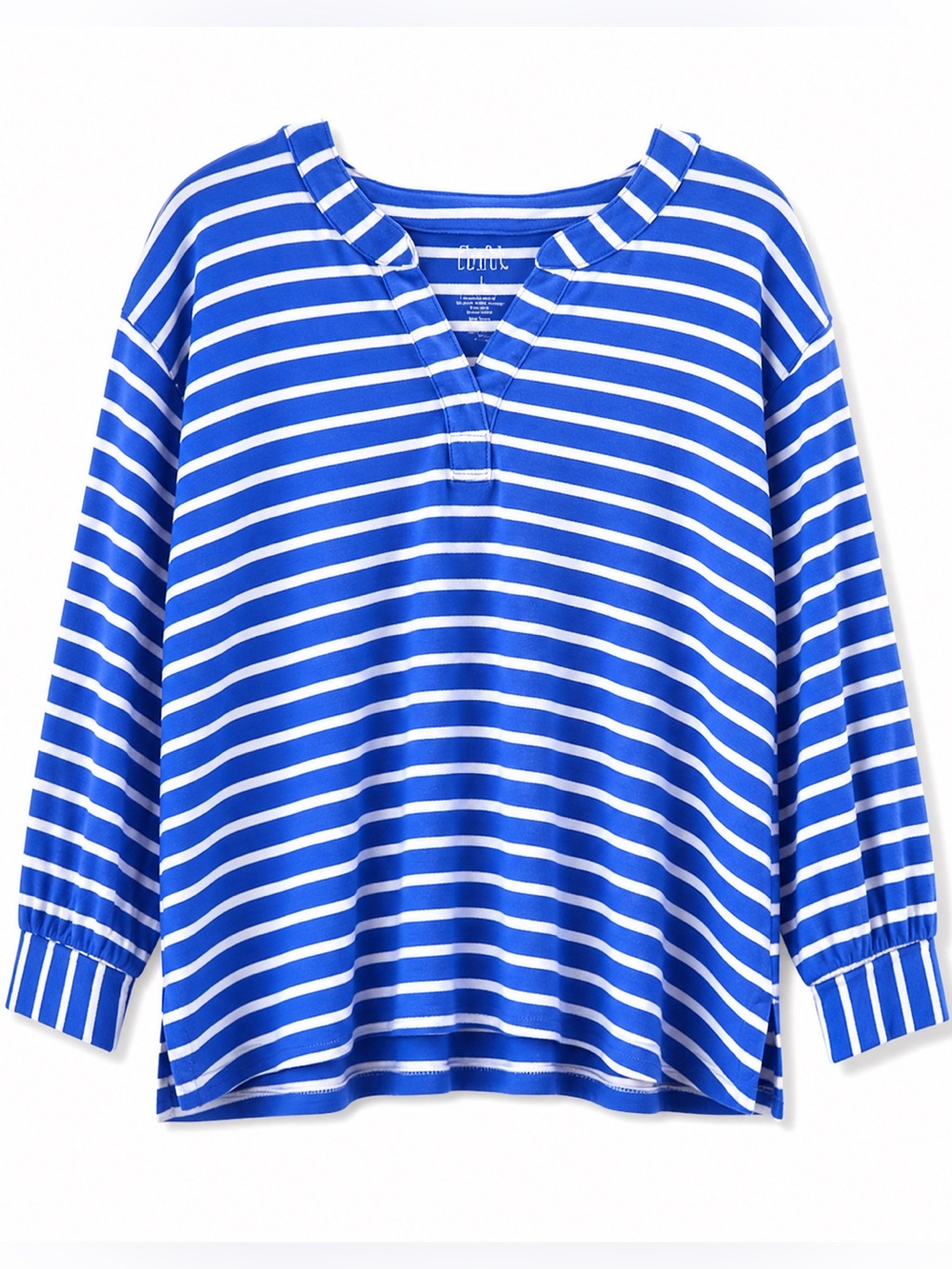 Croft & Barrow Blue White Striped Top Large 3/4 Sleeve Casual Knit Tee